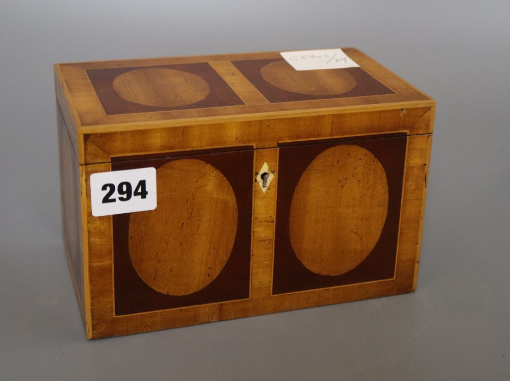 A Georgian style inlaid tea caddy, length 18cm